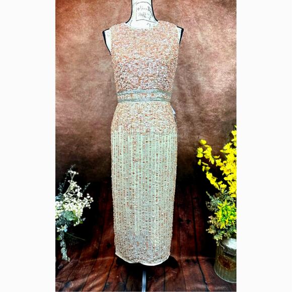 Mac Duggal Sleeveless High Neck Beaded Sheath Dress Nude 4 - Picture 4 of 14